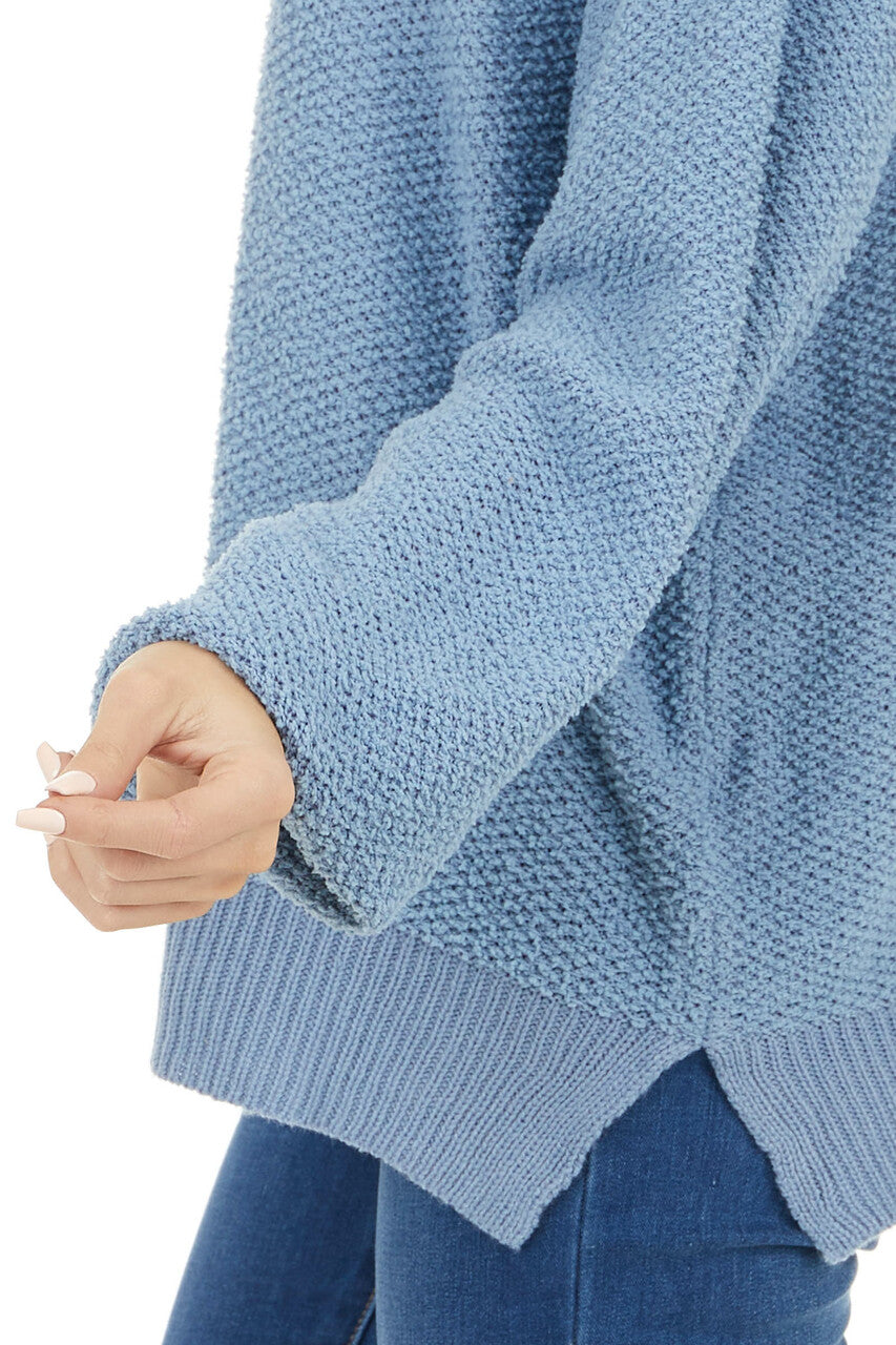 Dusty Blue Long Sleeve Lightweight Sweater with Raw Details