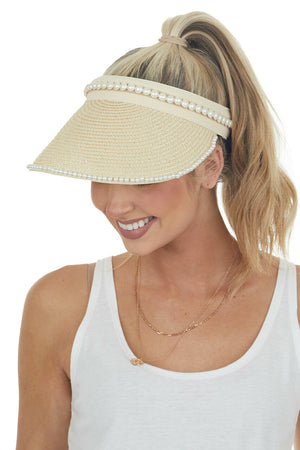 Beige Woven Straw Visor with Faux Pearls