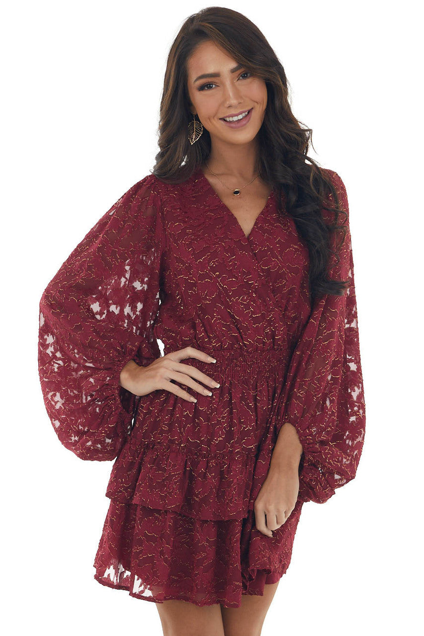 Wine and Gold Metallic Texture Surplice Dress