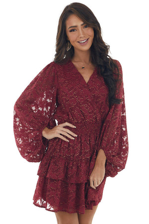 Wine and Gold Metallic Texture Surplice Dress