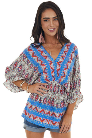 Sapphire Abstract Print Babydoll Surplice Top