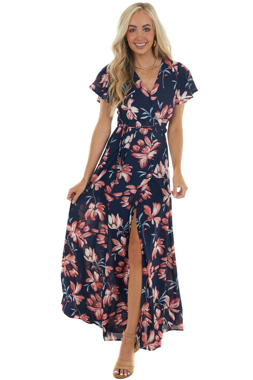 Navy Floral Print Wrap Maxi Dress with Tie 