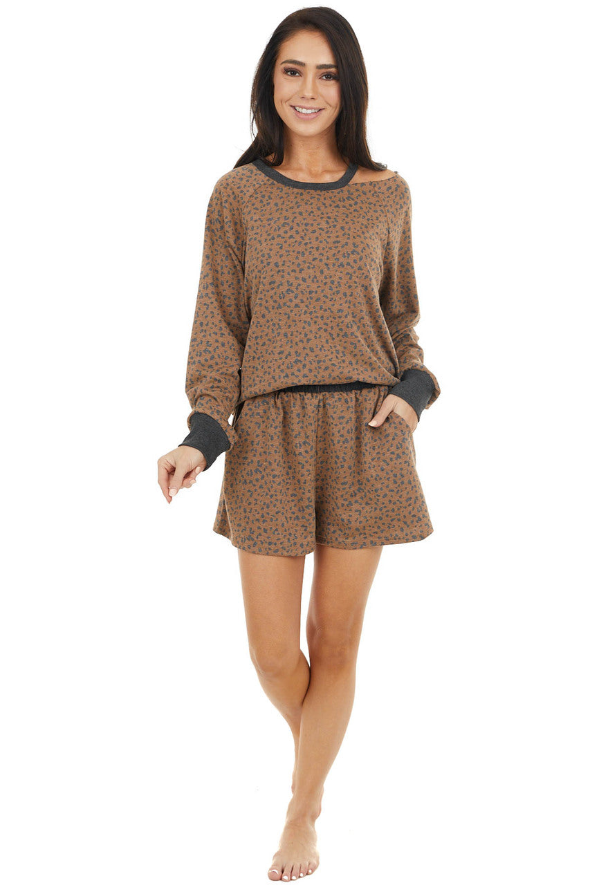 Cognac and Charcoal Leopard Print Top with Cold Shoulder