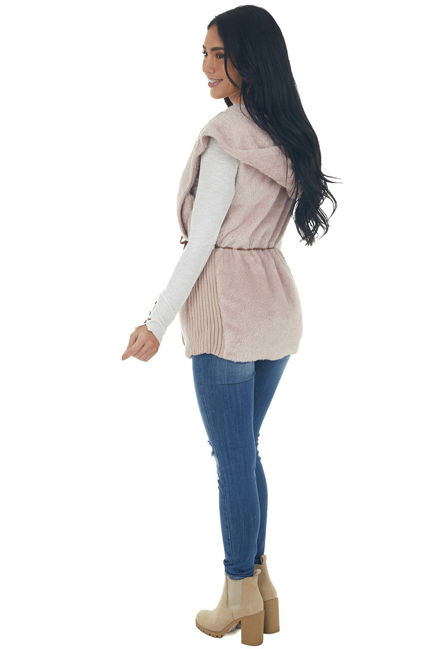 Blush Faux Fur Hooded Ribbed Contrast Vest 