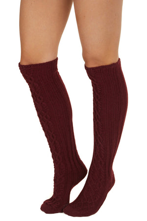 Burgundy Cable Knit Textured Knee High Cozy Socks