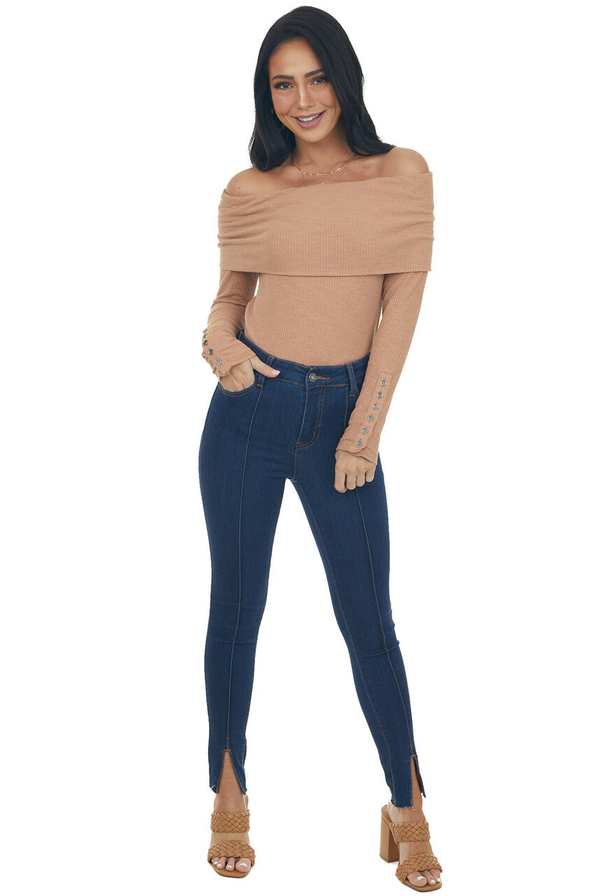 Dark Apricot Ribbed Knit Folded Off the Shoulder Top