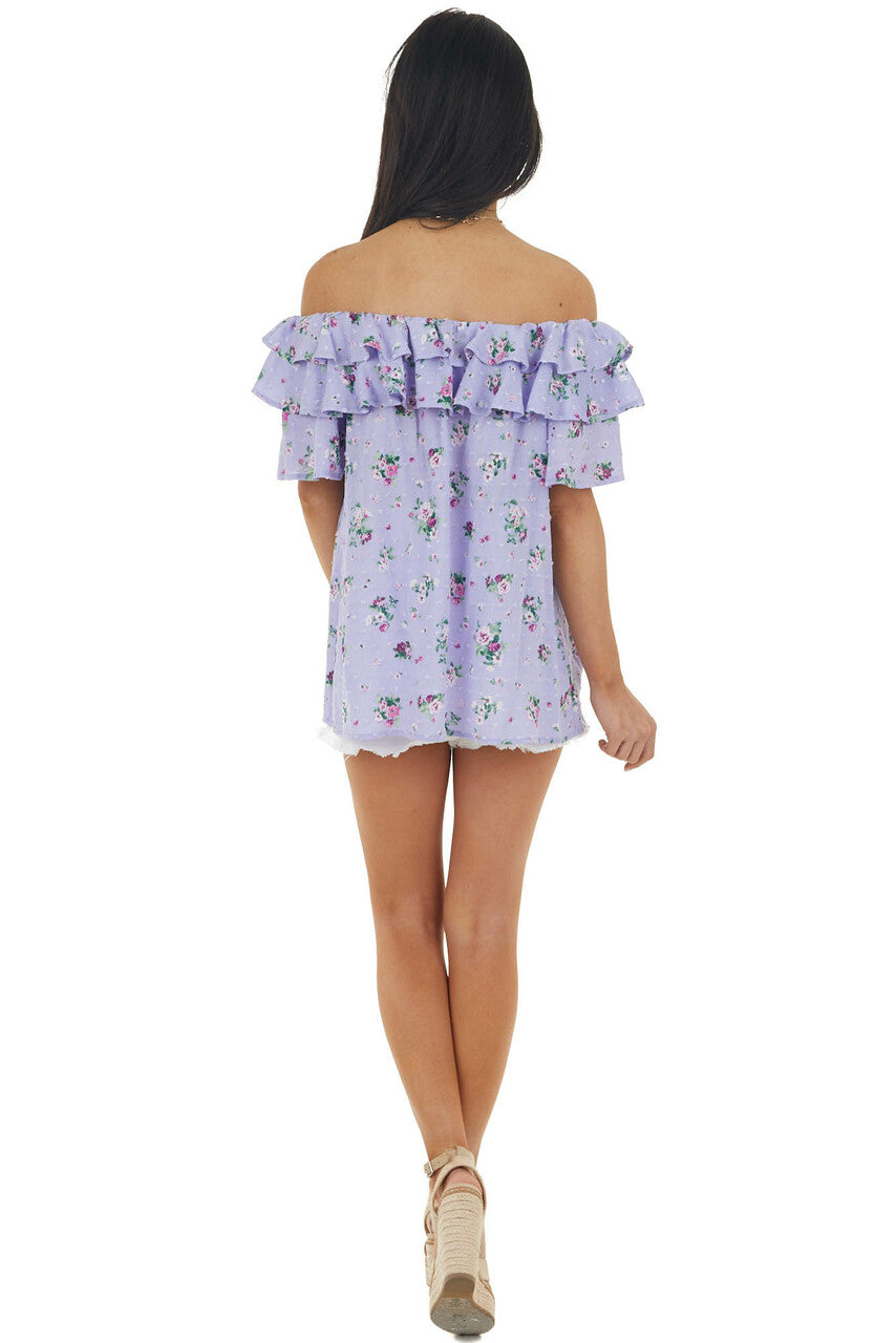 Iris Floral Print Off the Shoulder Swiss Dot Woven Top