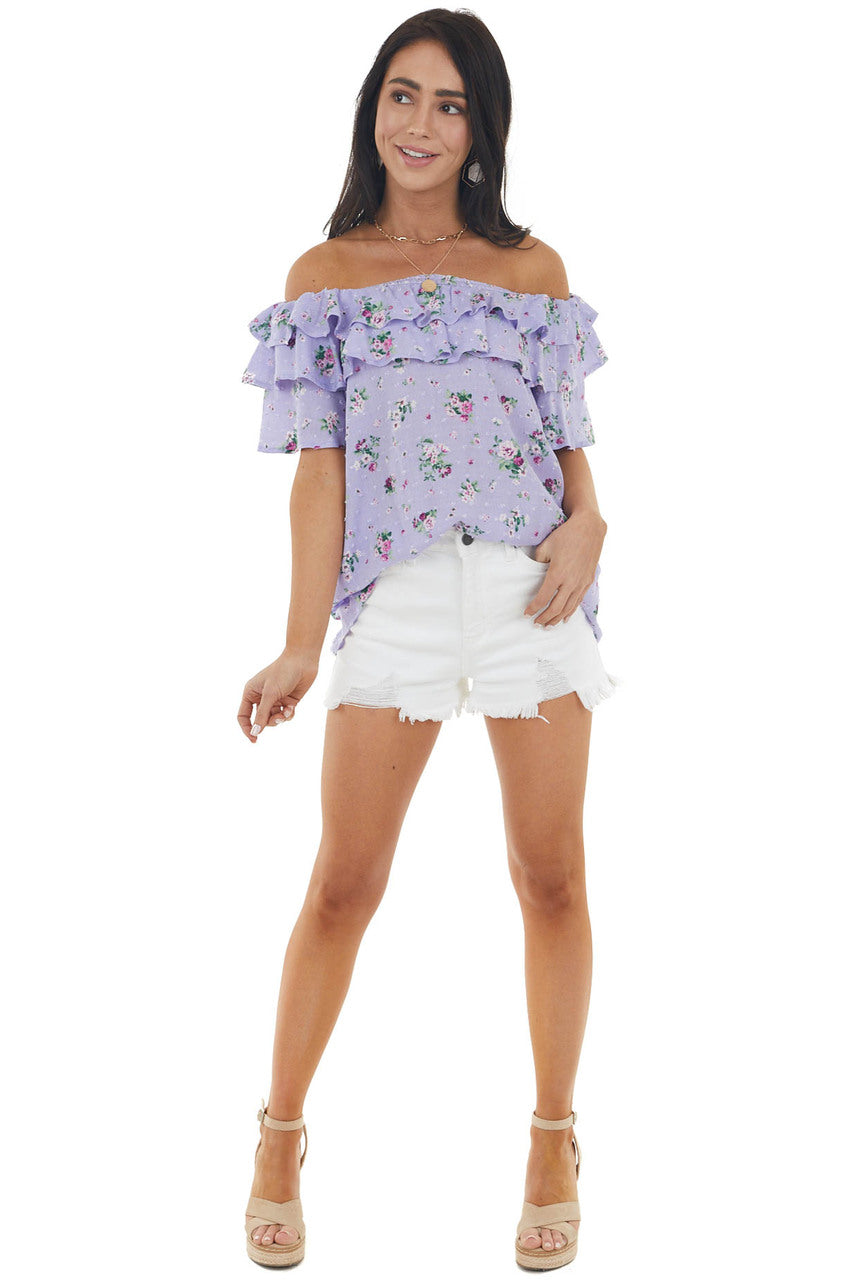 Iris Floral Print Off the Shoulder Swiss Dot Woven Top