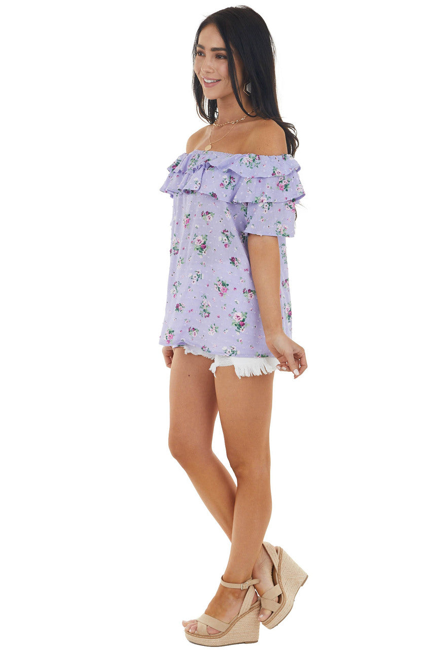 Iris Floral Print Off the Shoulder Swiss Dot Woven Top