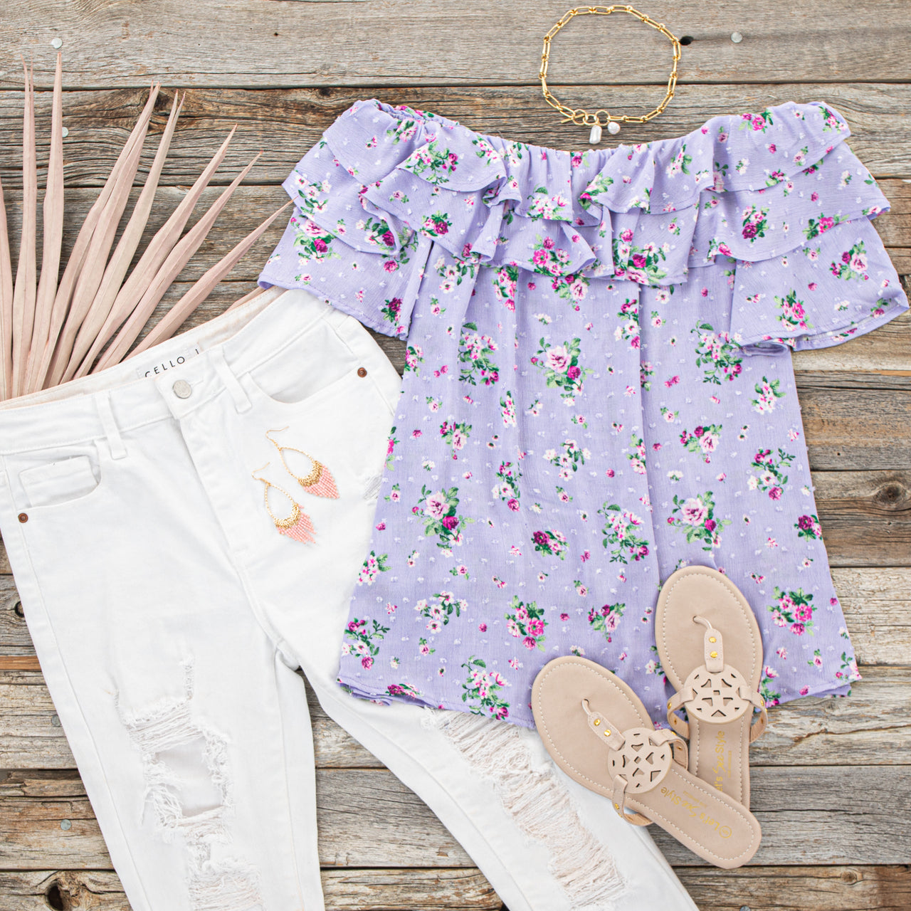 Iris Floral Print Off the Shoulder Swiss Dot Woven Top