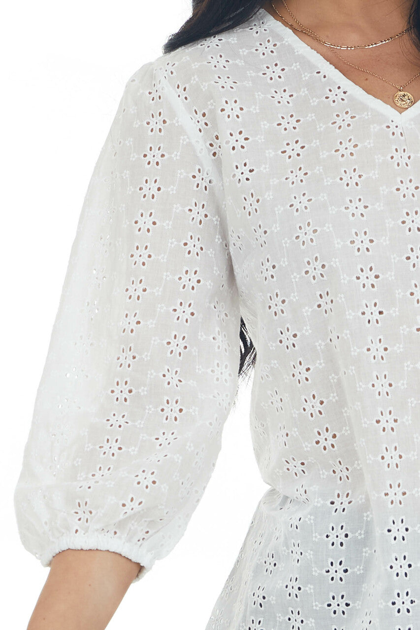 Ivory 3/4 Sleeve Floral Eyelet Lace Blouse with V Neckline