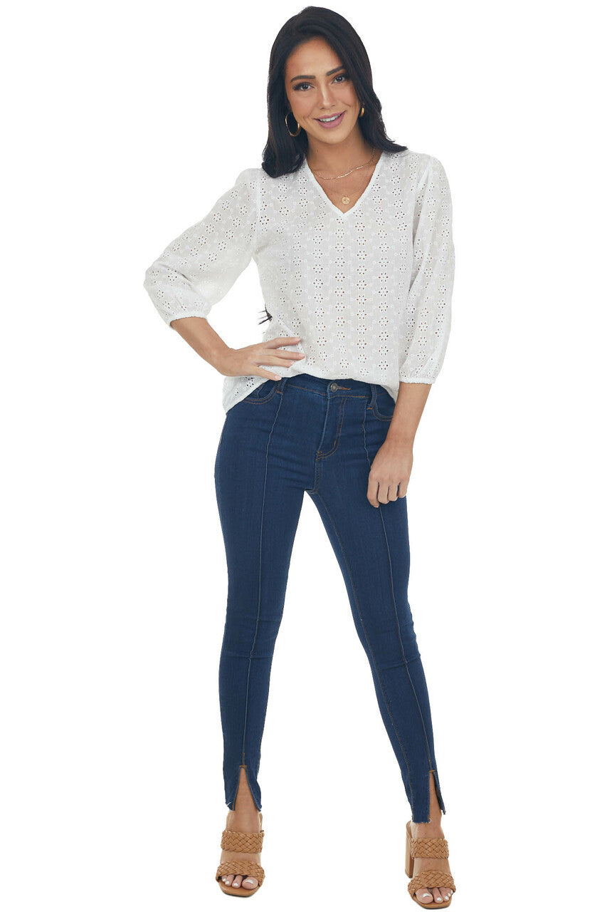Ivory 3/4 Sleeve Floral Eyelet Lace Blouse with V Neckline