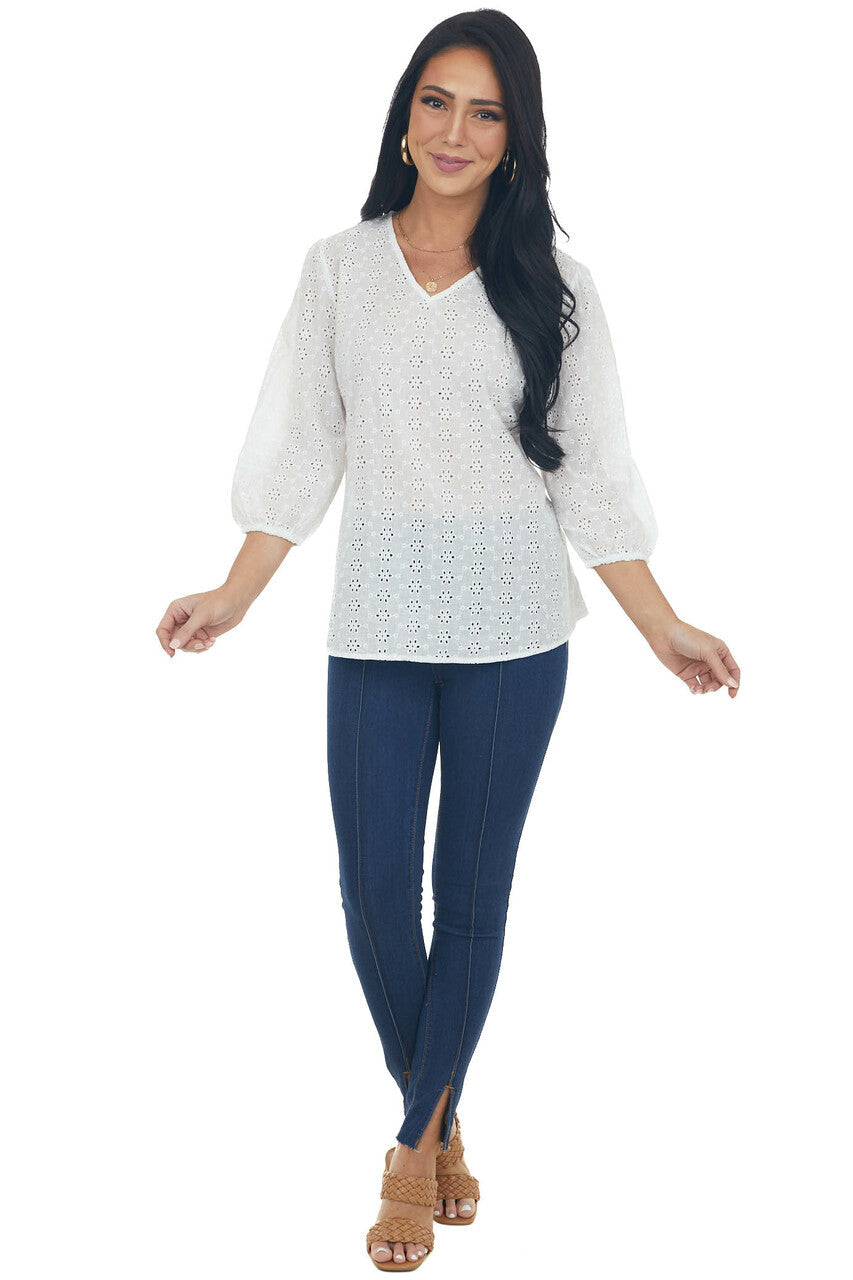 Ivory 3/4 Sleeve Floral Eyelet Lace Blouse with V Neckline