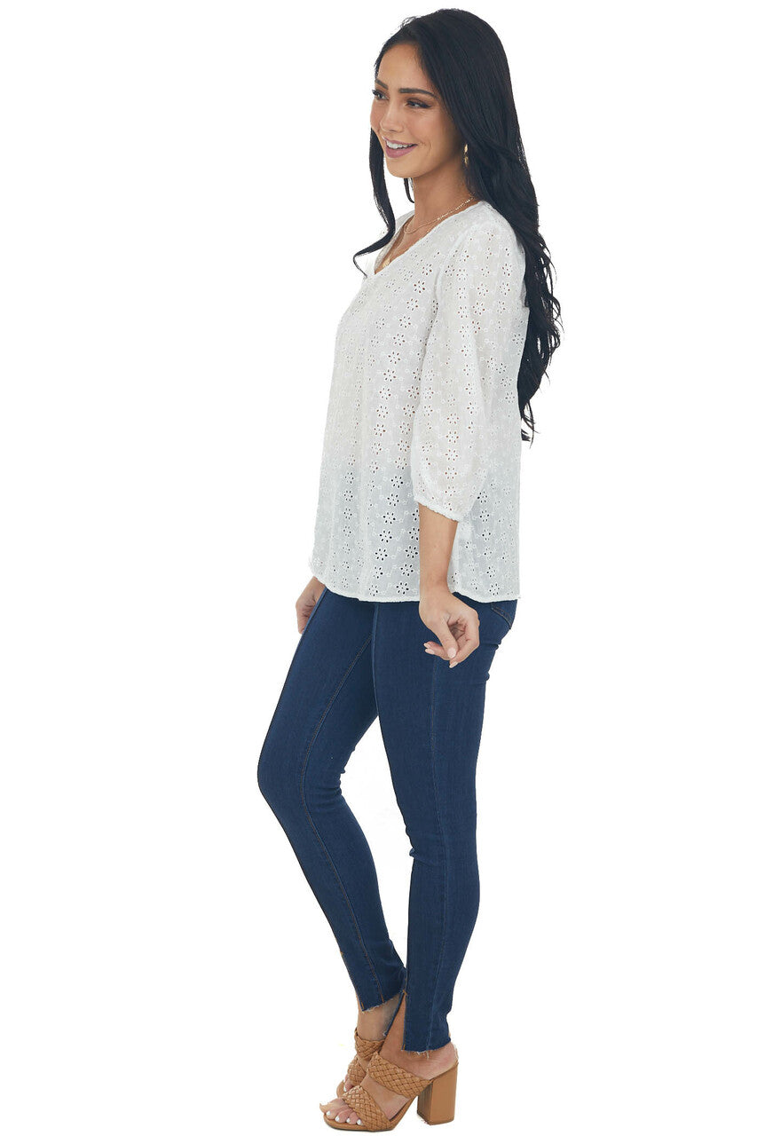 Ivory 3/4 Sleeve Floral Eyelet Lace Blouse with V Neckline