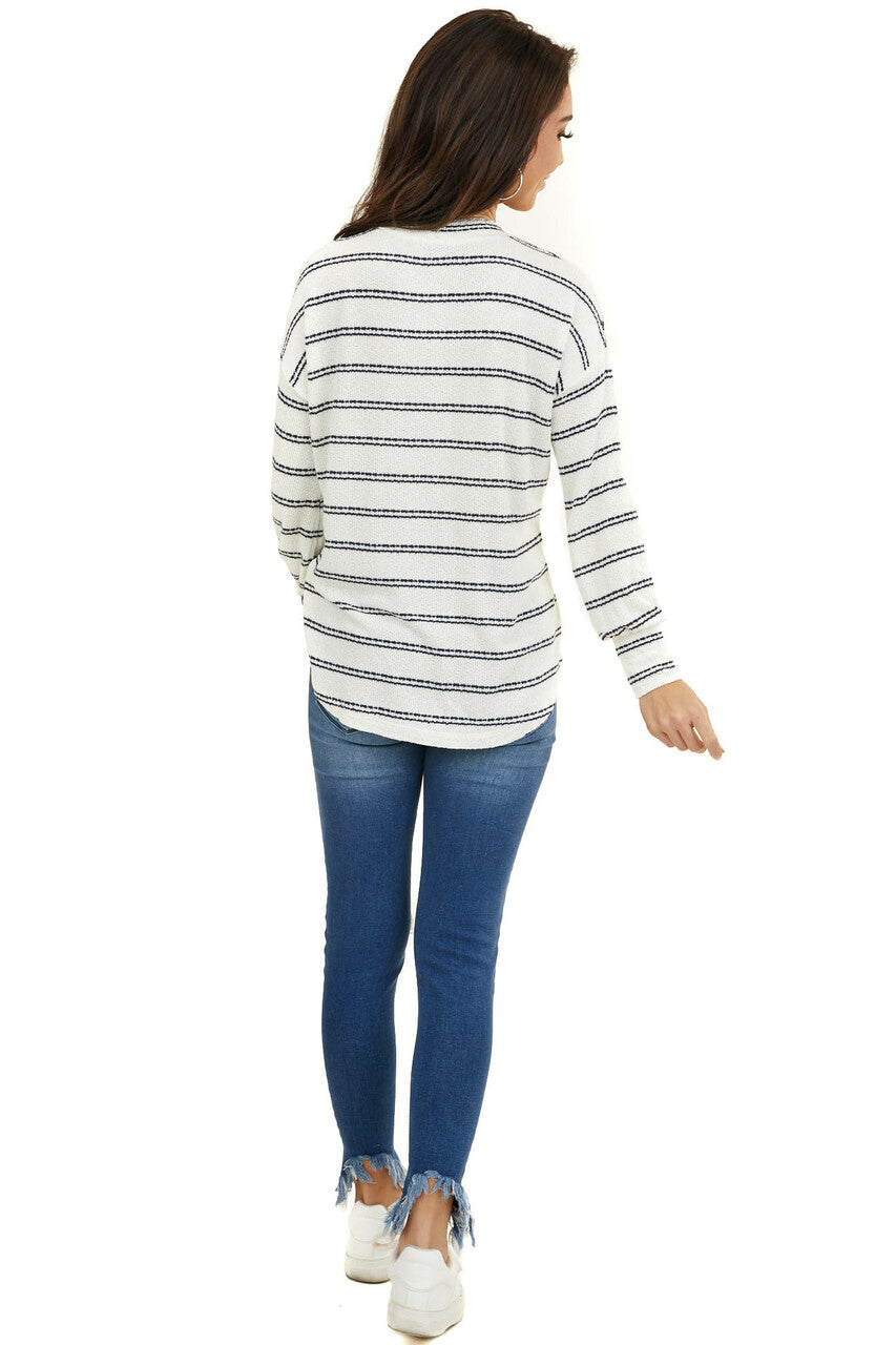 Ivory and Black Striped Knit Top with Long Sleeves 