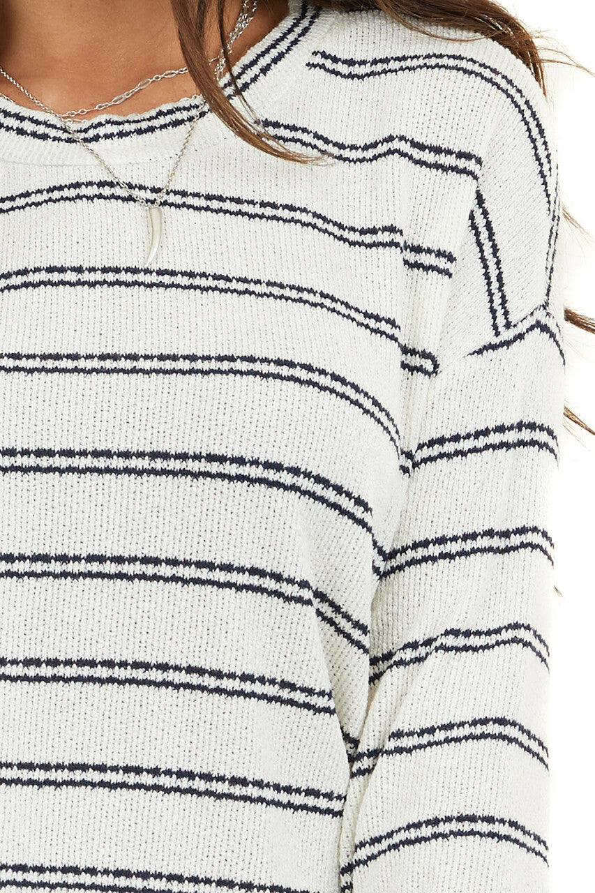 Ivory and Black Striped Knit Top with Long Sleeves 