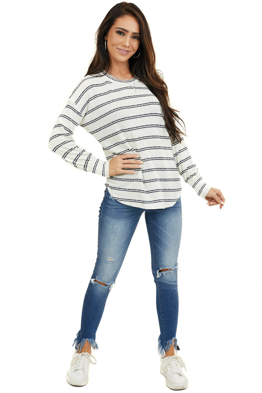 Ivory and Black Striped Knit Top with Long Sleeves 