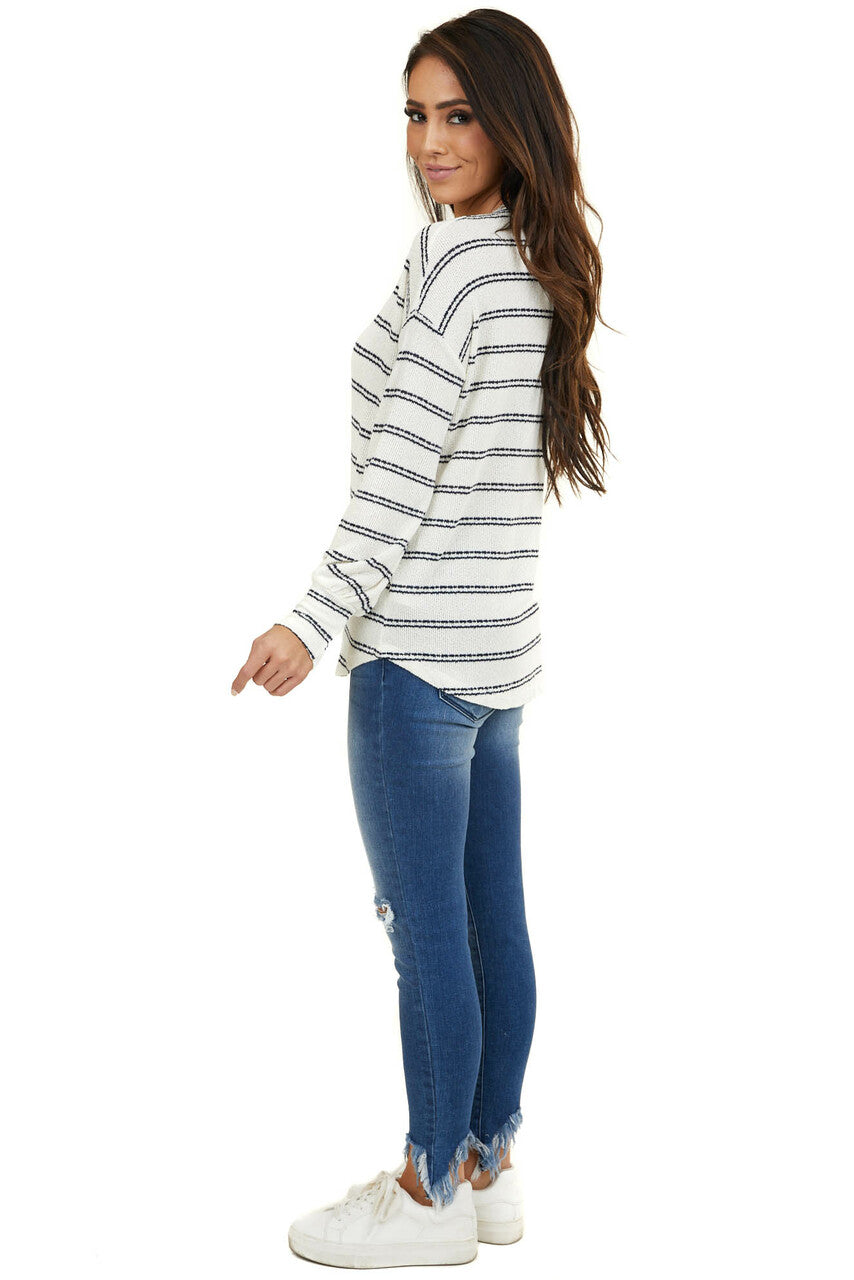 Ivory and Black Striped Knit Top with Long Sleeves 