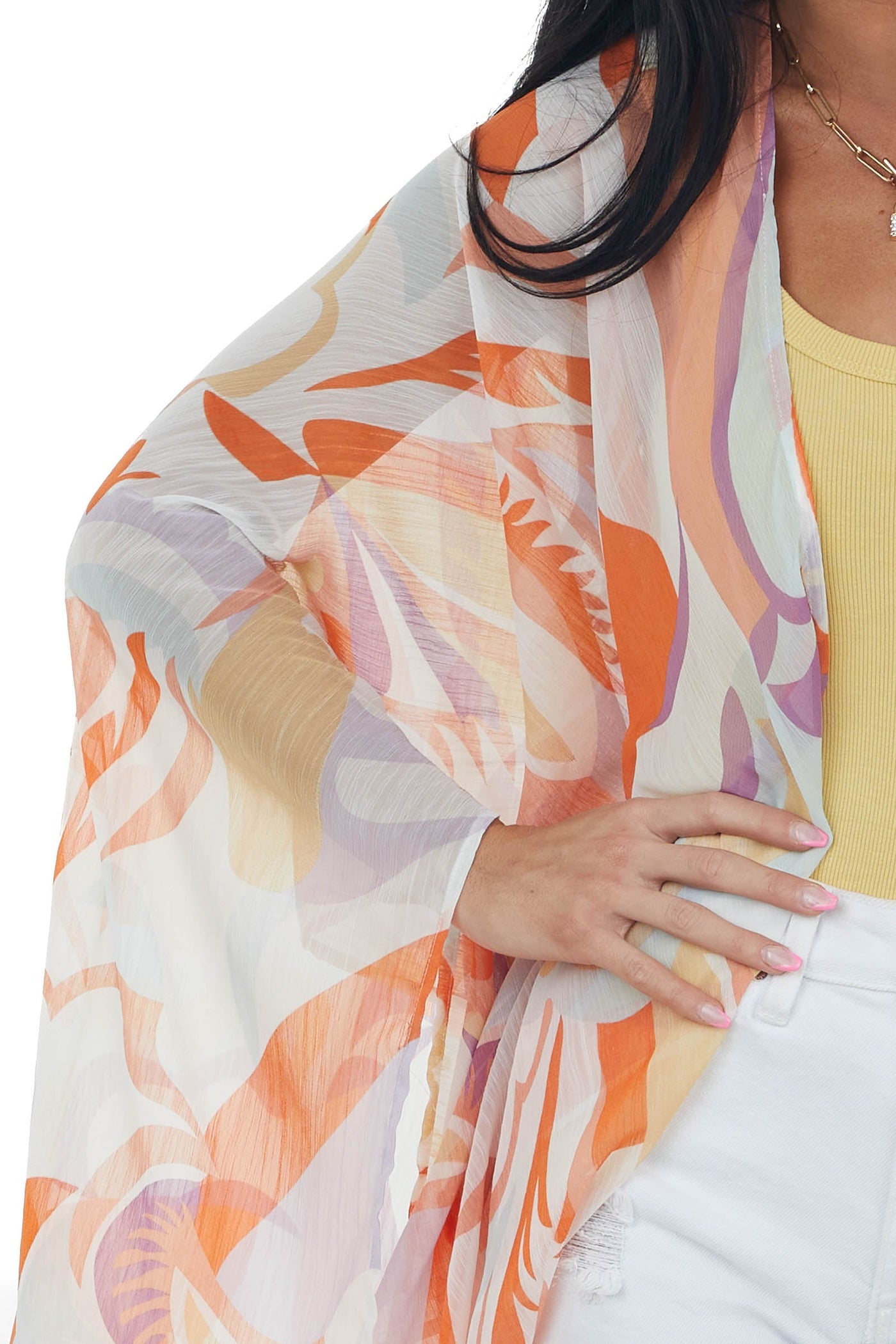 Ivory and Burnt Orange Printed Sheer Kimono