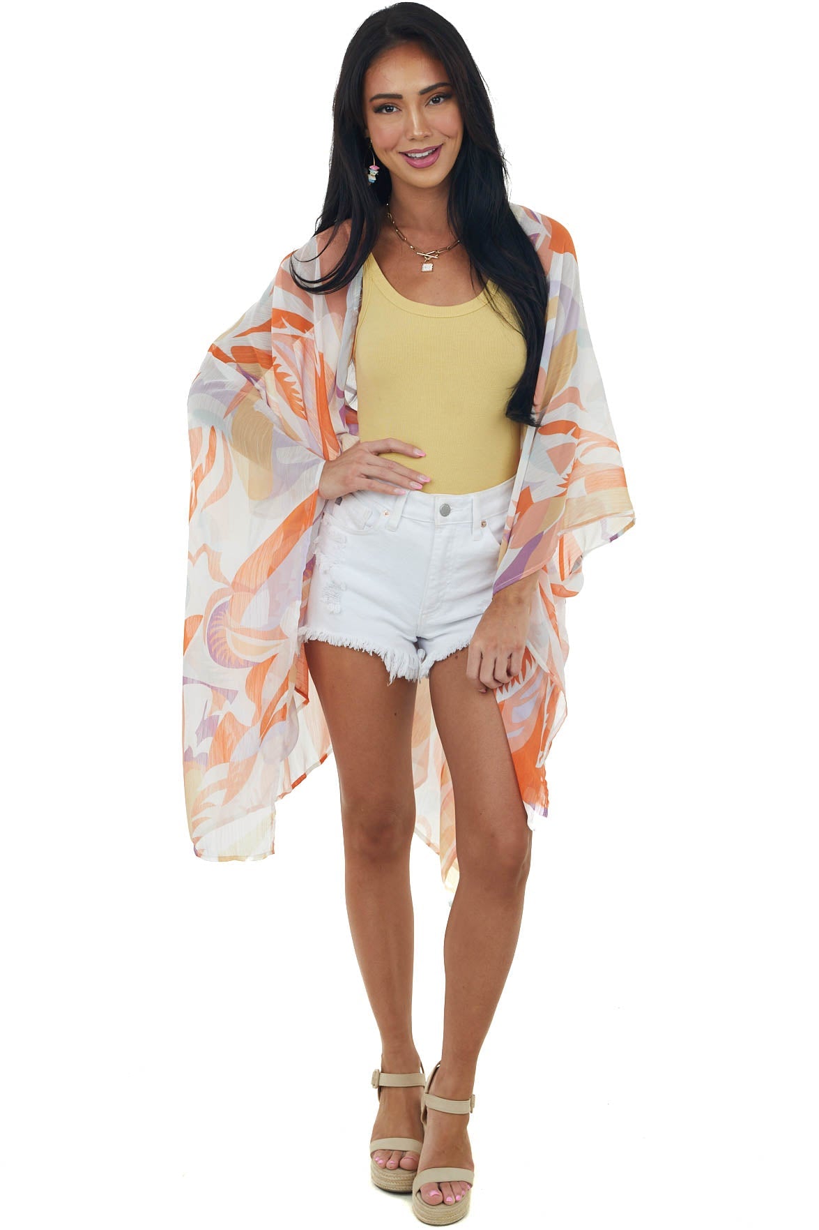 Ivory and Burnt Orange Printed Sheer Kimono