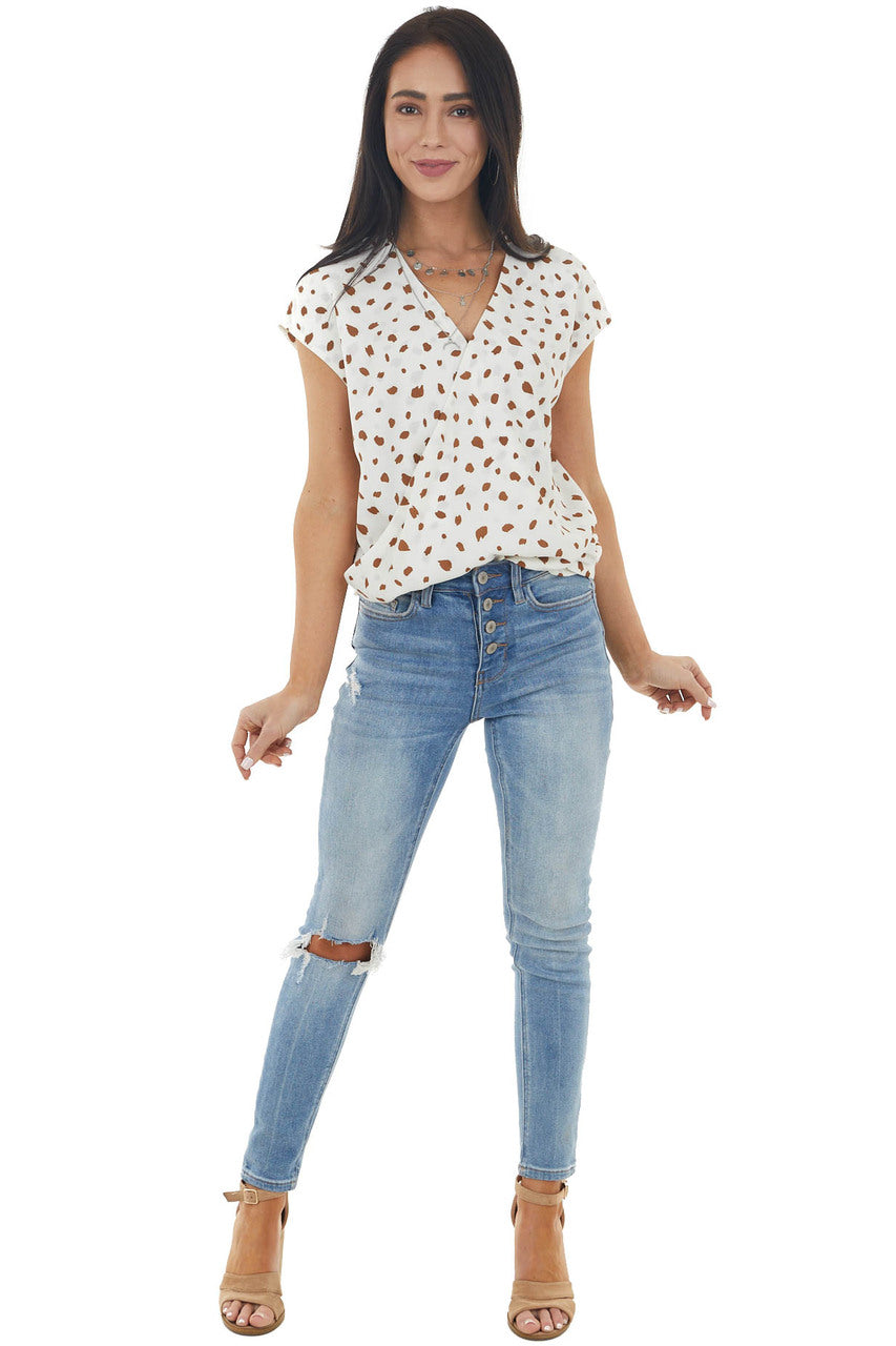 Ivory and Walnut Patterned Surplice Top with Short Sleeves