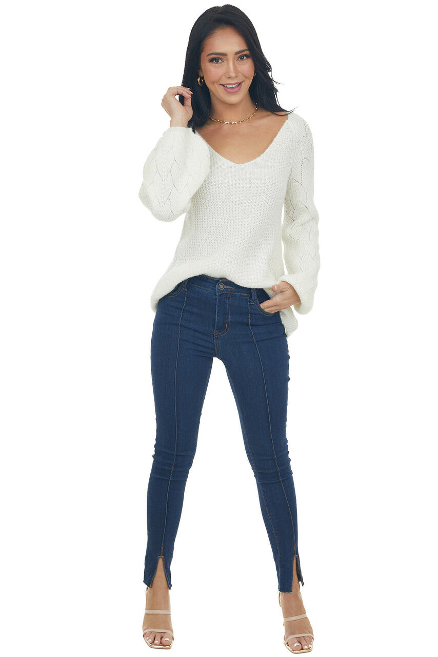 Ivory Bishop Sleeve Fuzzy Pointelle Sweater