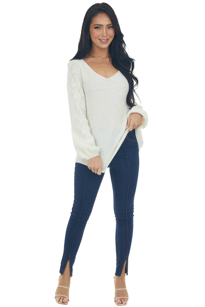 Ivory Bishop Sleeve Fuzzy Pointelle Sweater
