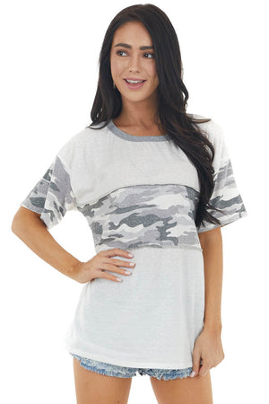 Ivory Camo Print Short Sleeve Knit Top with Stitching Detail 