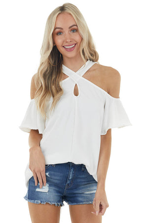 Ivory Cold Shoulder Blouse with Criss Cross Halter Neck
