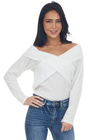 Ivory Criss Cross Brushed Waffle Knit Top
