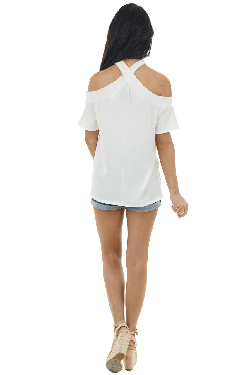 Ivory Criss Cross Neck Cold Shoulder Short Sleeve Knit Top