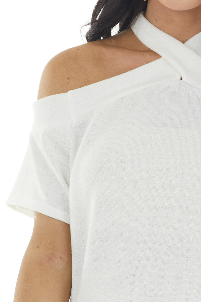 Ivory Criss Cross Neck Cold Shoulder Short Sleeve Knit Top