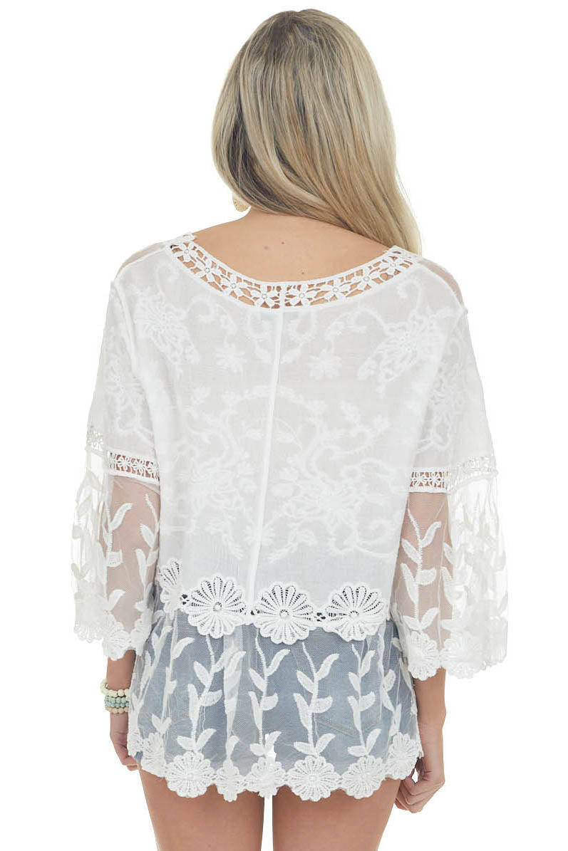 Ivory Crochet Lace and Sheer Mesh Blouse
