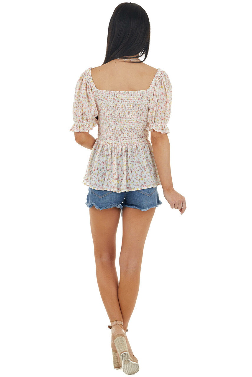 Ivory Ditsy Floral Print Smocked Textured Woven Blouse