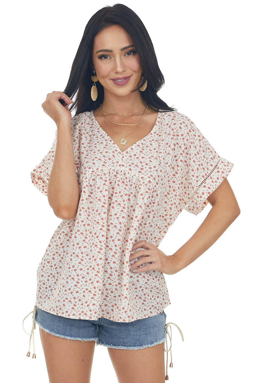 Ivory Ditsy Floral Short Sleeve V Neck Top