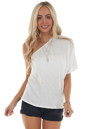 Ivory Elastic One Shoulder Jersey Knit Top 