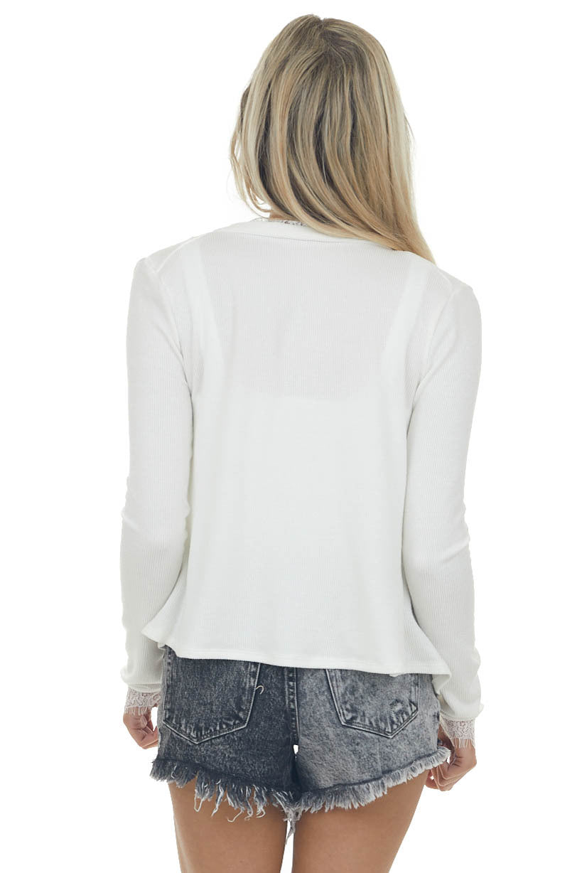 Ivory Eyelash Lace V Neck Ribbed Knit Cardigan