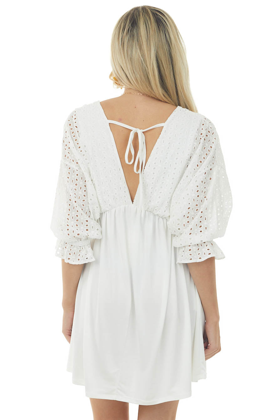 Ivory Eyelet Lace Dolman Sleeve Deep V Dress