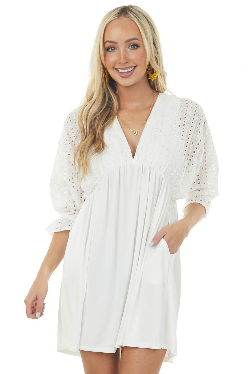 Ivory Eyelet Lace Dolman Sleeve Deep V Dress