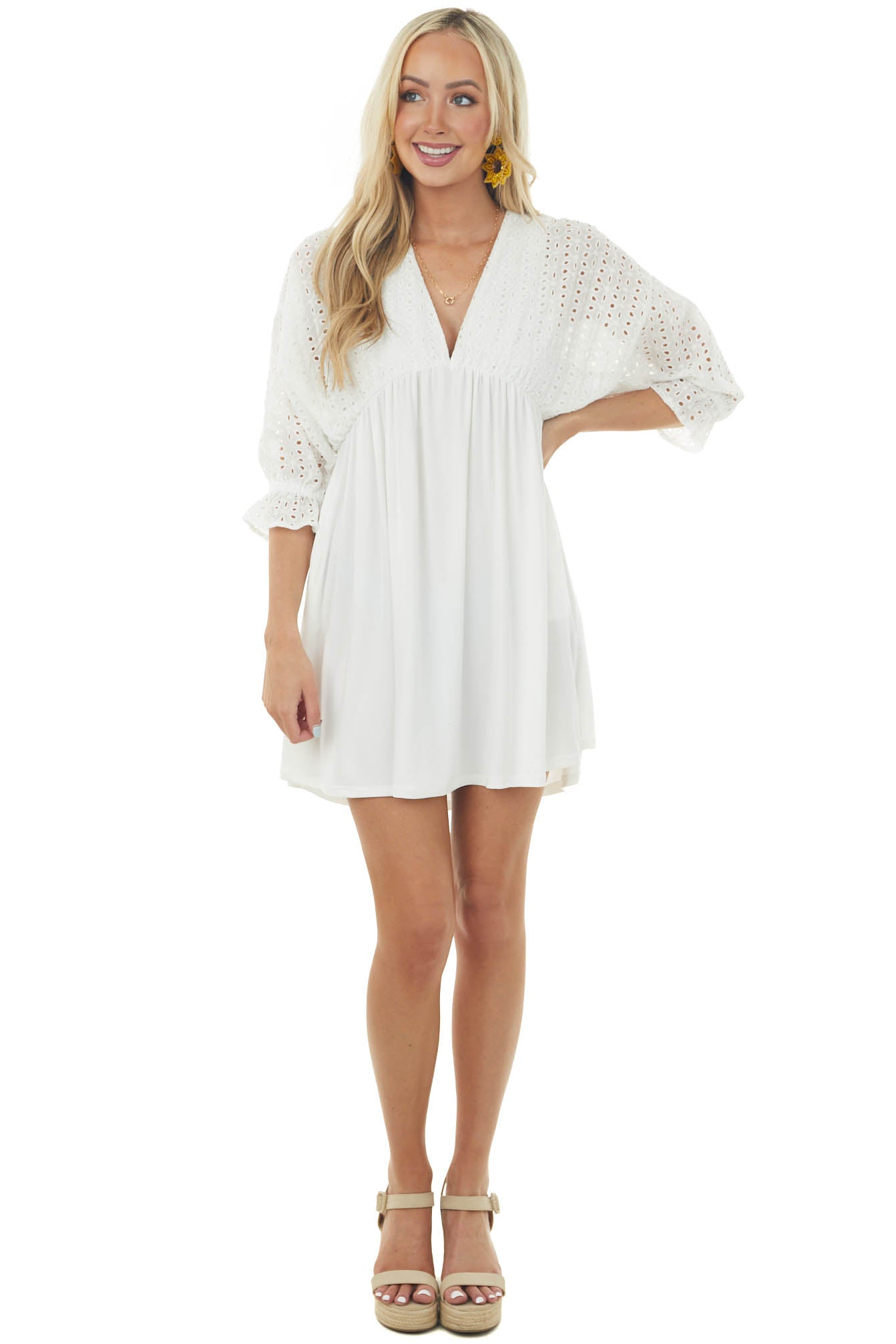 Ivory Eyelet Lace Dolman Sleeve Deep V Dress