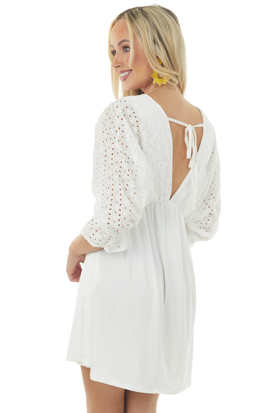 Ivory Eyelet Lace Dolman Sleeve Deep V Dress