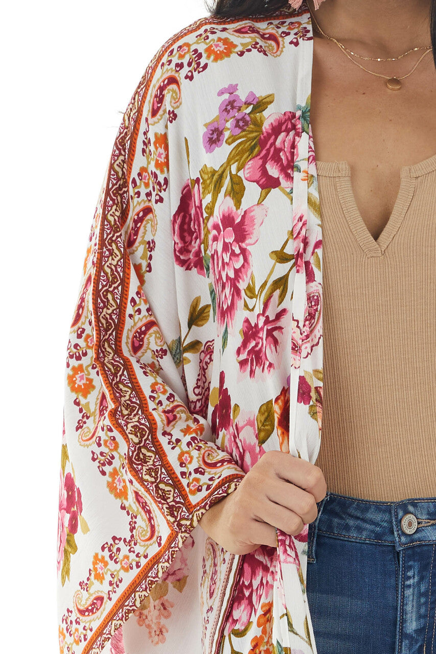 Ivory Floral and Paisley Print Lightweight Woven Open Kimono