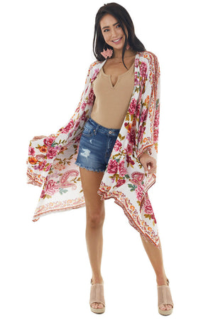 Ivory Floral and Paisley Print Lightweight Woven Open Kimono