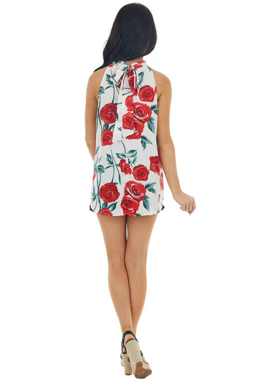 Ivory Floral Halter Neck Sleeveless Blouse with Tie Closure