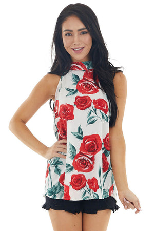 Ivory Floral Halter Neck Sleeveless Blouse with Tie Closure