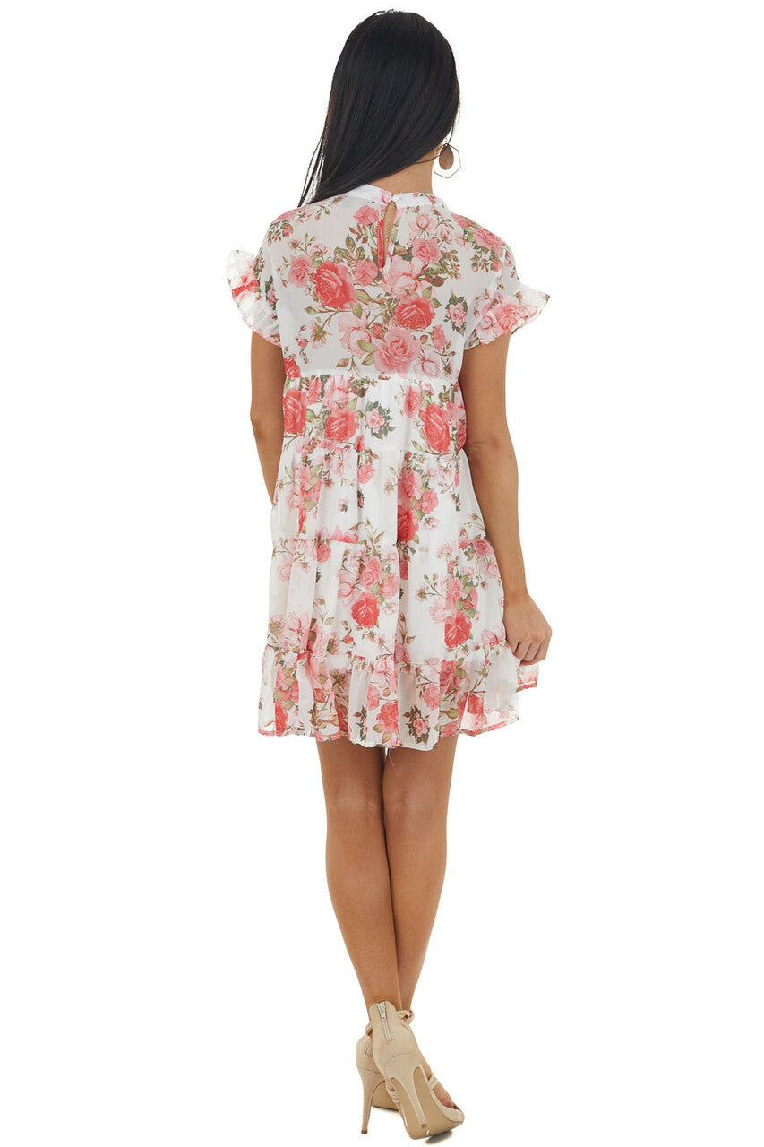 Ivory Floral Print Babydoll Short Dress with Short Sleeves 