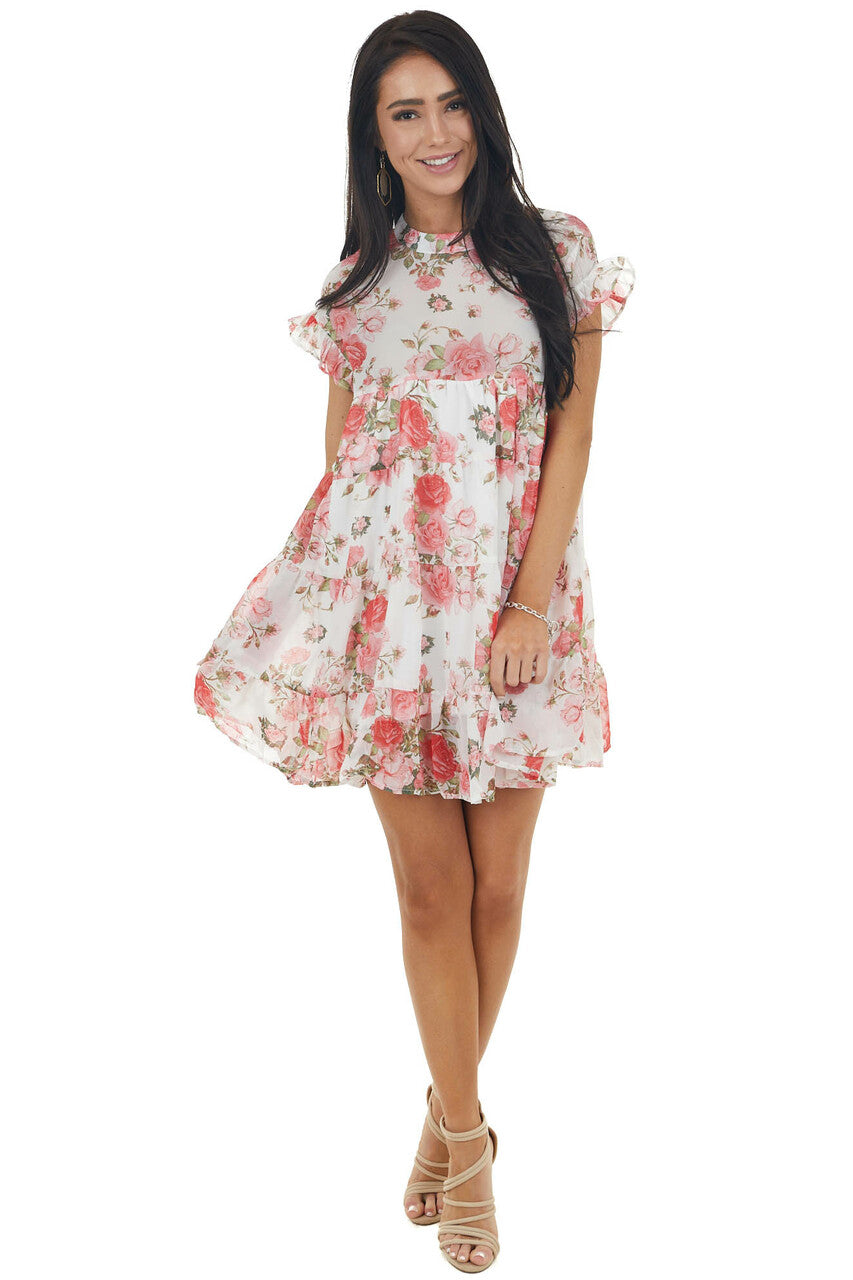 Ivory Floral Print Babydoll Short Dress with Short Sleeves 