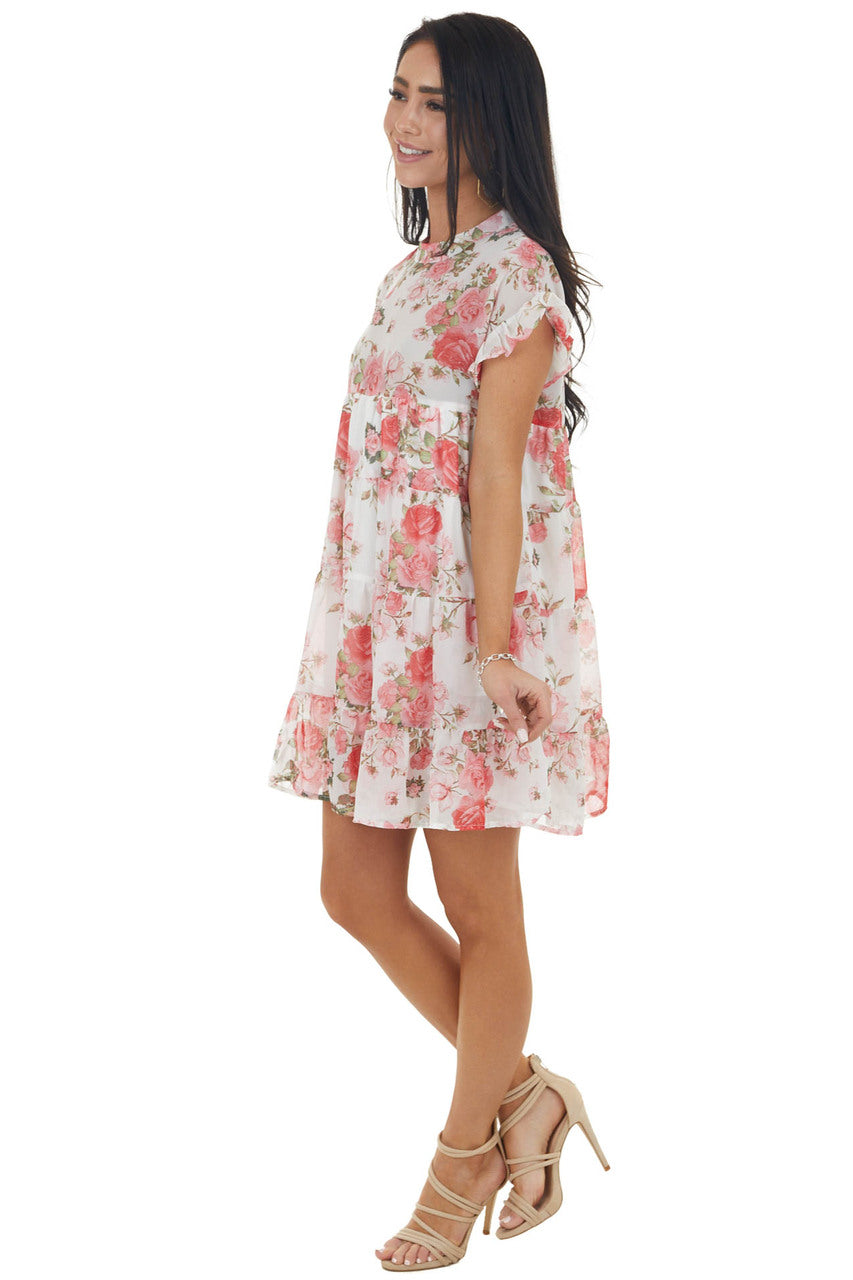 Ivory Floral Print Babydoll Short Dress with Short Sleeves 