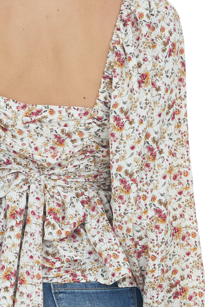 Ivory Floral Print Bubble Sleeve Peplum Blouse