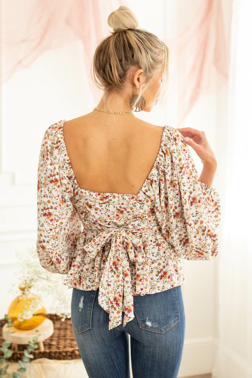 Ivory Floral Print Bubble Sleeve Peplum Blouse